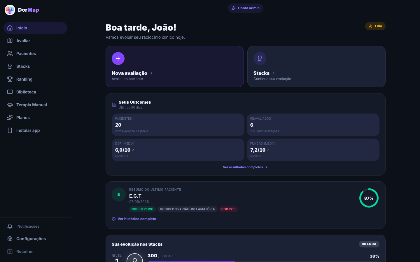 Painel do DorMap no computador com Seus Outcomes