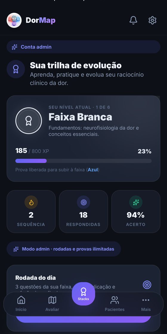 Tela dos Stacks com XP e progresso